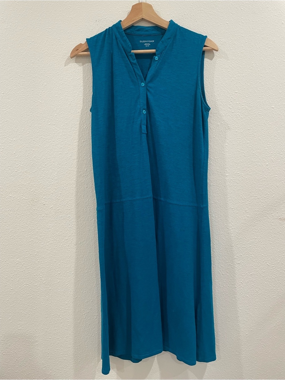 Eileen Fisher Teal Sleeveless Cotton Hemp V Neck Casual Dress XS Vacation